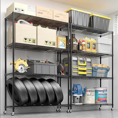 4 Tier Storage Racks Shelving, Heavy Steel Pantry Shelves, Adjustable Wire Shelving Rack with Wheels, Suitable for Garage, Kitchen, Bathroom, Office, 46" W x 18" D x 65" H, Black