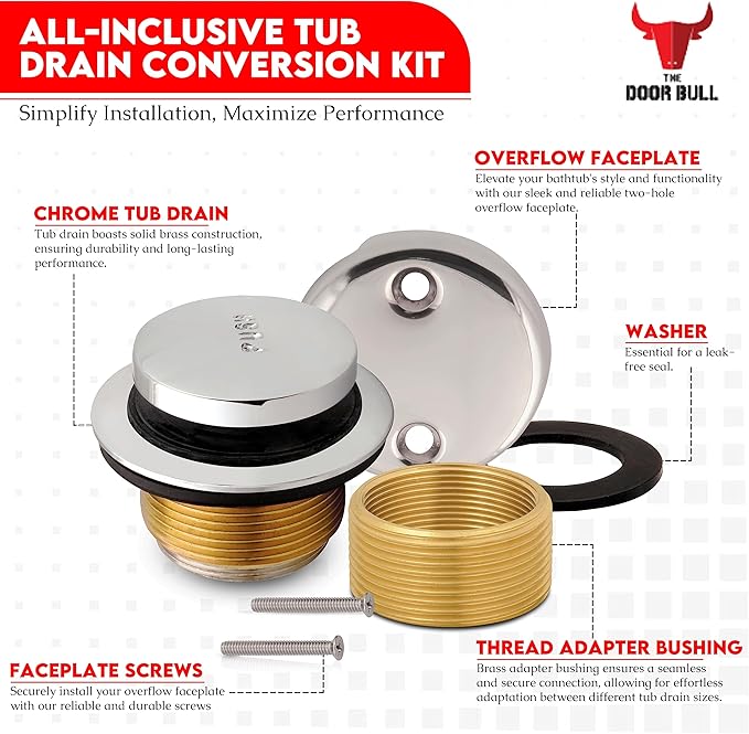 Tip-Toe Bathtub Drain Trim Kit with Two-Hole Overflow Faceplate – All Brass Tub Drain Stopper Replacement – Fits Fine or Coarse Thread Drain Shoe – Universal Tub Drain Assembly