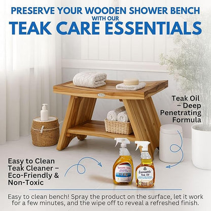 EcoDecors 30 Inch Serenity Teak Shower Bench – Waterproof Bathroom Seat with Large Storage Shelf For Adults & Seniors | Spa-Style Teak Wood Stool with Non-Slip Feet, Elegant Finish, 300 Pound Capacity