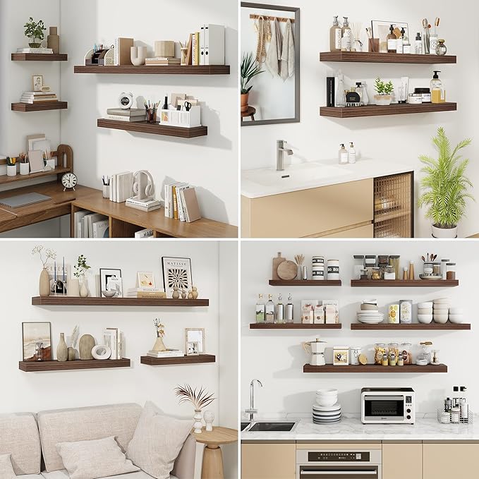 fuqing Floating Shelves for Wall, Wall Mounted Wood Floating Shelf with Invisible Brackets for Living Room, Bathroom, Bedroom, Kitchen Storage and Decor, 30 Inch Set of 2, Walnut