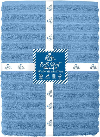 DAN RIVER Pack of 2 Bath Sheet 35x70 Inches, Ribbed Luxury Bath Towel Set, Extra Large and Quick Dry Soft Cotton Towels - Medium Blue
