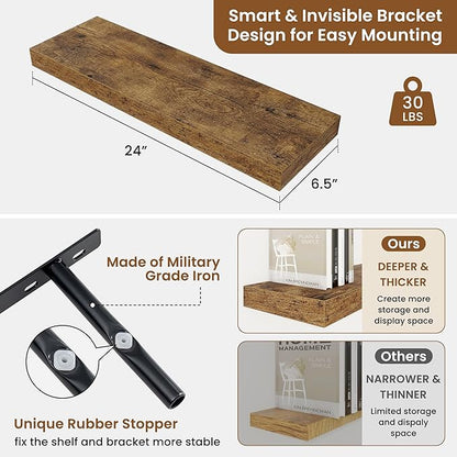 fuqing Floating Shelves for Wall, Wall Mounted Wood Floating Shelf with Invisible Brackets for Living Room, Bathroom, Bedroom, Kitchen Storage and Decor, 24 Inch Set of 2, Rustic Brown