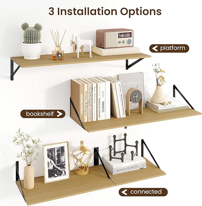 Fun Memories Floating Shelves for Wall, 12 Inch Deep Floating Shelves Set of 2, 48W x 12D Large Wall Shelf with Sturdy Metal Brackets for Living Room, Bathroom, Bedroom and Kitchen, Oak