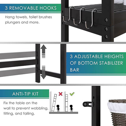 SMIBUY Bathroom Storage Shelf, Bamboo Over-The-Toilet Organizer Rack, Freestanding Toilet Space Saver with 3-Tier Adjustable Shelves (Black)
