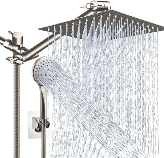 Shower Head Combo(Brushed Nickel),10'' High Pressure Rain Shower Head with 11'' Adjustable Extension Arm and 5 Settings Handheld,Powerful Shower Spray Against Low Pressure Water