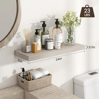 Heimlove 24 inch Floating Shelves for Wall,9.3 inch deep Grey Bathroom Over Toilet Shelf,Wall Mounted Rustic Wood Shelves for Bedroom,Living Room,Kitchen,Office Decor Set of 2-Grey