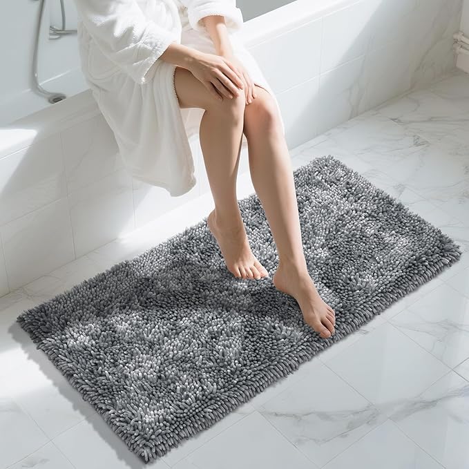 Yimobra Luxury Chenille Bathroom Rug Mat, Extra Soft and Absorbent Shaggy Bath Rugs Non Slip, Machine Washble Dry, Plush Floor Carpet for Tub, Shower, and Bath Room, 44x24 Inch, Silver