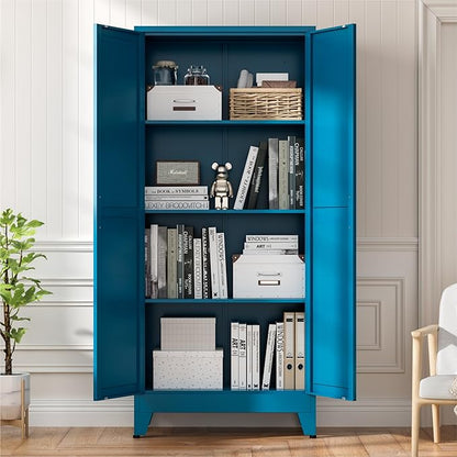 Blue Metal Kitchen Pantry Cabinet, 61" Tall Farmhouse Storage Cabinet with 2 Vintage Barn Doors and 4 Adjustable Shelves, Rustic Freestanding Cupboard for Kitchen,Home Office Living Room,Dining Room