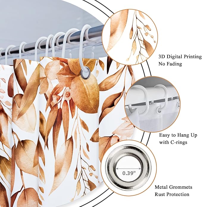 Riyidecor Burnt Orange Fall Autumn Shower Curtain for Bathroom Decor 72Wx72H Eucalyptus Botanical Leaf Plants Watercolor Floral Nature Art Printed Fabric Polyester Waterproof