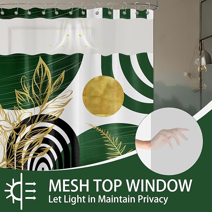 Olive Green Bohemian See Through Mesh Top Shower Curtain with Window, Emerald Green Mid Century Modern Double Layer Shower Curtains with Snap in Liner, Waterproof Fabric with Hooks, 71x 72 in