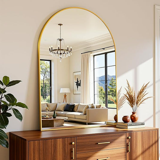 Arched Mirror 24"x36", Bathroom Mirror, Wall Mounted Vanity Mirror with Arch Metal Frame for Bathroom, Over Sink, Bedroom, Living Room, Flat Frame, Gold