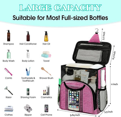 Attmu Portable Shower Caddy College Tote Bag, Quick Dry Hanging Toiletry Bag, Large Capacity Mesh Shower Caddy Portable for College Dorm Room Essentials for Boys and Girls for Bath Camping (Pink)