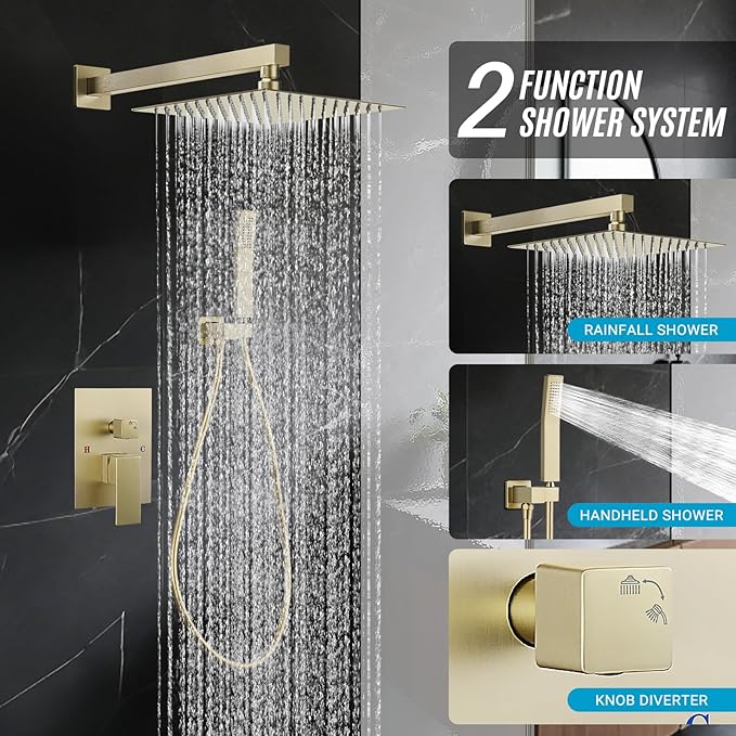 Shower Faucet set with Shower head, Wall Mount 10 Inch Square Rainfall Shower Head and Handle Set Single Handle Shower System Set with Female Threads Valve Body and Trim Included (Brush Gold)