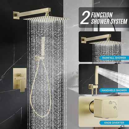 Shower Faucet set with Shower head, Wall Mount 10 Inch Square Rainfall Shower Head and Handle Set Single Handle Shower System Set with Female Threads Valve Body and Trim Included (Brush Gold)
