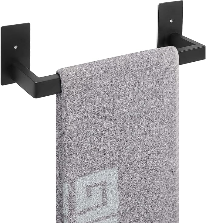 NearMoon Self Adhesive Bathroom Towel Bar, Stainless Steel Square Bath Wall Shelf Rack Hanging Towel Stick On Sticky Hanger Contemporary Style, Towel Rack Wall Mounted (12 Inch, Matte Black)