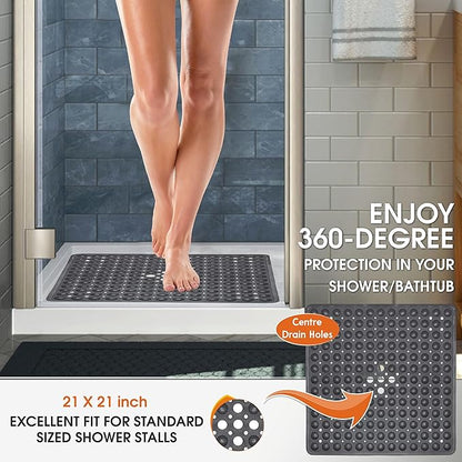 ENKOSI Non-Slip Square Shower Mat 21 x 21 inch – Anti-Slip PVC Bath Mat for Inside Shower Stalls – Durable Shower Floor Mat with Suction Cups and Drain Holes (21x21 White)