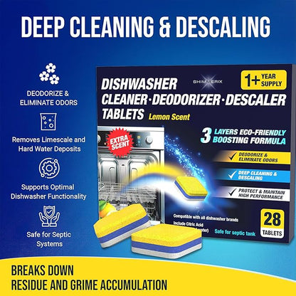 Dishwasher Cleaner Deodorizer Descaler Tablets - 28 Tabs - 1 Plus Year Supply - Extra Scented Deep Cleaning Sanitizer Pods - Remove Hard Water - Contain Citric Acid Heavy Duty Septic Safe - Lemon