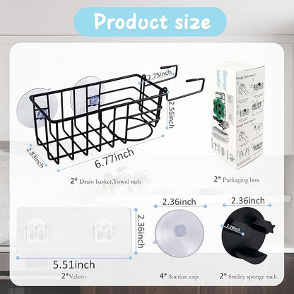 Sponge Holder Smile Face with Dish Cloth Hanger for Kitchen Sink, In-sink Caddy Organizer with Suction Cups & Adhesive Strips, Rustproof Sponge Rack for Soap, Brush, Scrubber - Black（2 Pack）