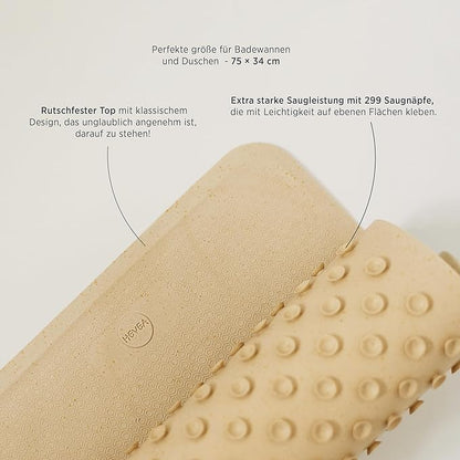 HEVEA Natural Rubber Big Bath Mat - Upcycled, Danish Design - Non Slip Bathtub Mat, 299 Suction Cups - Safe and Friendly Shower Mat for All Ages (Sand)