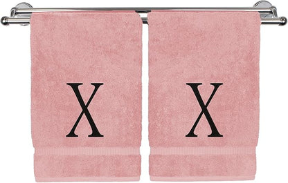 Monogrammed Hand Towel, Personalized Initial Gift, Extra Absorbent 100% Turkish Cotton - Soft Terry Finish - Set of 2 - Black Block Initial X - Embroidered on Pink Towels