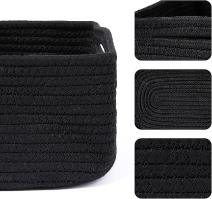 Small Storage Baskets for Organizing | Closet Organizer Bins | Shelf Toy Basket | Woven Rope Baskets | Cube Decorative Box | Shallow Basket | 13x8.5x5.1” | 3 Packs Black