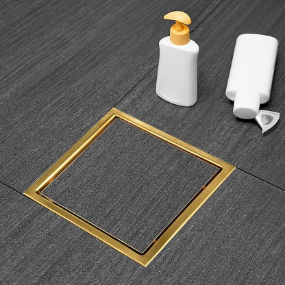 Square Shower Drain, Gold Shower Drain 6 inch with Flange and 2 in 1 Tile-Insert Cover, AISI 304 Stainless Steel Gold Shower Floor Drain with Hair Catcher and Flange