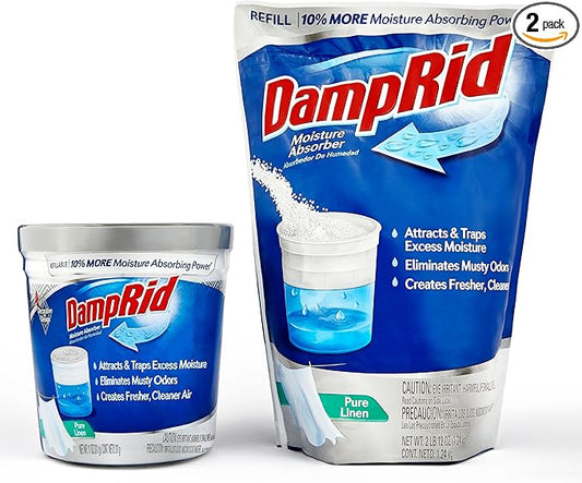 Damp Rid Refillable Moisture Absorber, Includes Single Damp Rid Pure Linen 11oz. Cup & 44oz. Refill Bag - Moisture Absorbers for Closet, 10% More Absorbing Power*, Cleaner Air - ILIOS Packaging.