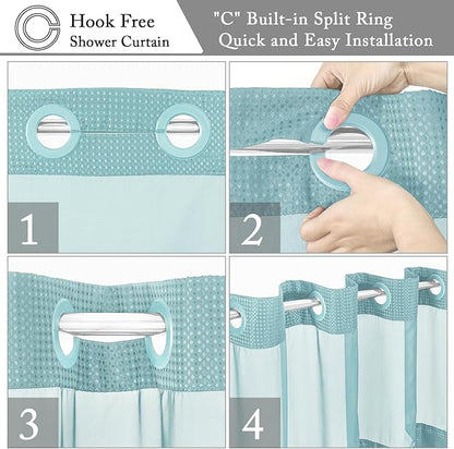 Gibelle Long Shower Curtain 72x80, Waffle Weave Bathroom Shower Curtain with Snap-in Fabric Liner Set, No Hooks Needed, Hotel Style with Mesh Top Window, Teal