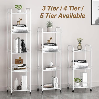 JSB 5 Tier Narrow Bathroom Shelving Unit, Kitchen Storage Rack Organizer Metal Corner Shelf for Living Room Laundry Pantry (Matte White, 5 Tier)