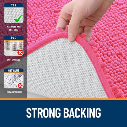 OLANLY Bathroom Rugs Sets 2 Piece, Soft Absorbent Chenille Bath Mats and U-Shaped Contour Toilet Mat Area Rug Set, Machine Washable Bath Carpet, Home Decor Accessories(24"x16"+24"x20", Hot Pink)