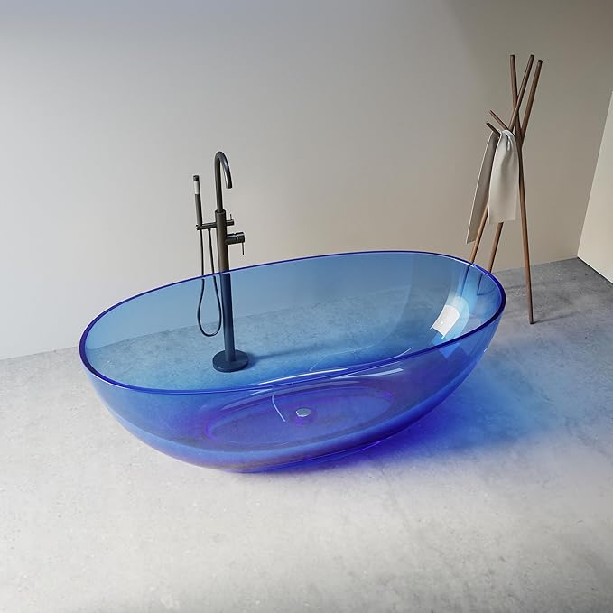 Stone Resin Freestanding Bathtub 61", Elegant Oval Shape Soaking Tub, Solid Surface Stand Alone Bathtub with Drain & Integrated Slotted Overflow Transparent Blue AMFS303-1550-TPBLUE