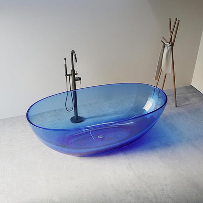 Stone Resin Freestanding Bathtub 61", Elegant Oval Shape Soaking Tub, Solid Surface Stand Alone Bathtub with Drain & Integrated Slotted Overflow Transparent Blue AMFS303-1550-TPBLUE