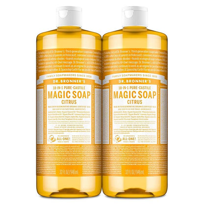 Dr. Bronner's Magic Soap-Pure-Castile Liquid Soap (Citrus, 32oz, 2-Pack)-Regenerative Organic Certified Oils, 18-in-1 Uses: Body, Hair, Laundry, Pets & Dishes, Concentrated, Vegan, Non-GMO