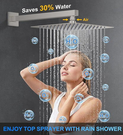 Shower Faucet Set, 10" Wall Mount Rainfall Shower System with 2 Rain Shower Head and Multi-function Handheld Head Push Button Diverter Shower Faucet Trim Kit Brushed Nickel