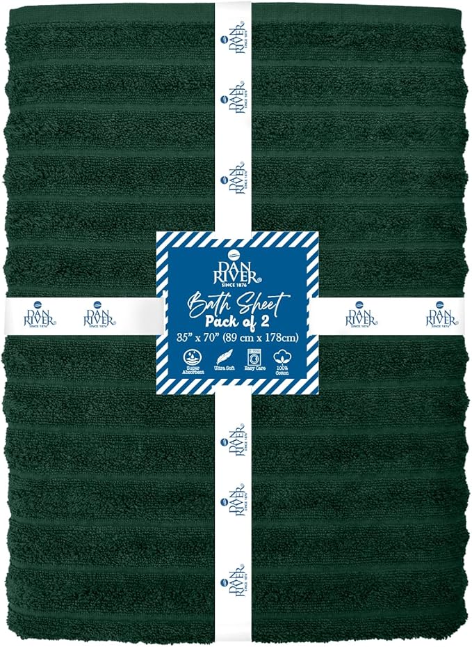 DAN RIVER Pack of 2 Bath Sheet 35x70 Inches, Ribbed Oversized Bath Towels Extra Large, Organic Cotton Towels for Bathroom - Hunter Green
