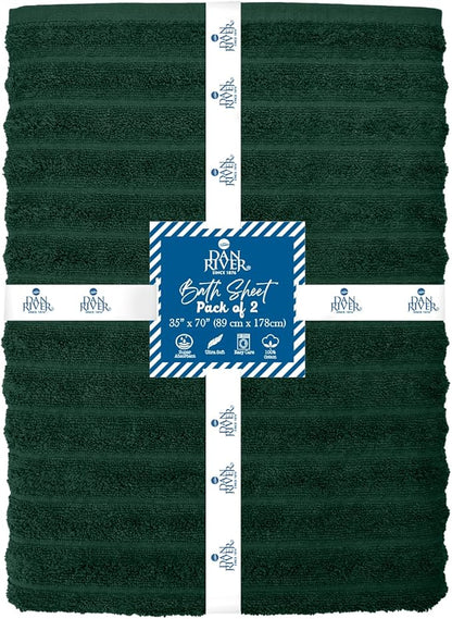 DAN RIVER Pack of 2 Bath Sheet 35x70 Inches, Ribbed Oversized Bath Towels Extra Large, Organic Cotton Towels for Bathroom - Hunter Green