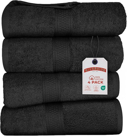 RIVERSIDE 100% Ring Spun Cotton Large Bath Towels Set of 4, 27 x 54 Inches – Quick Dry, Soft & Highly Absorbent Towels for Shower & Bathroom – Luxury 600 GSM Towels for Home, Spa, Gym, Hotel, Black