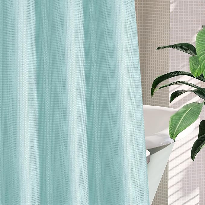 MitoVilla No Hooks Needed Turquoise Extra Long Shower Curtain Liner Set, Teal 86 inch XL Heavyweight Waffle Fabric Cloth Shower Curtains Set with Snap-in Liner for Modern Luxury Hotel Bathroom Decor
