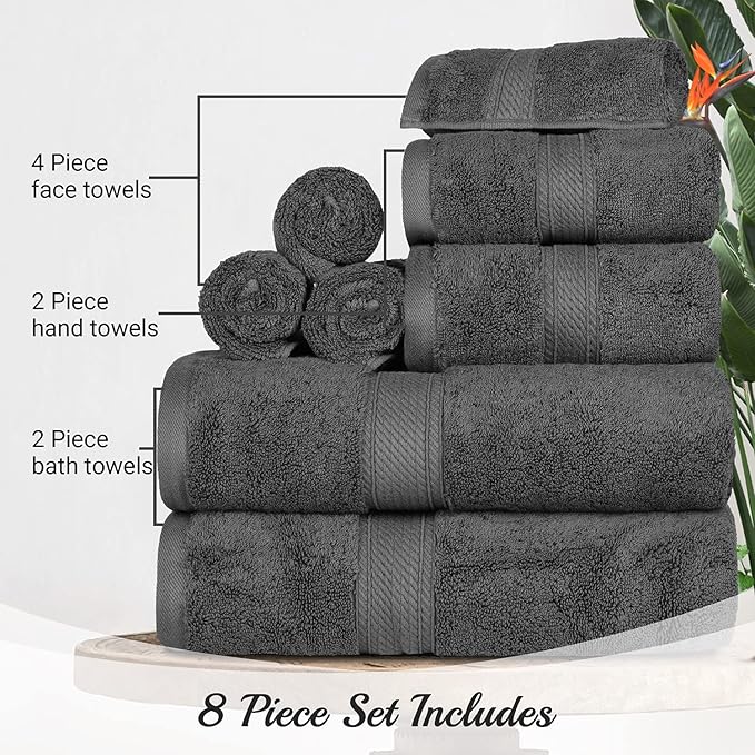 BLUENILEMILLS Madison Egyptian Cotton Towels, Towel Set for Bathroom, Shower, Hotel, Plush, 800 GSM, Highly Absorbent and Ultra-Soft Towels, Bath Essentials, 8 Piece Assorted Towel Set, Charcoal