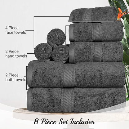 BLUENILEMILLS Madison Egyptian Cotton Towels, Towel Set for Bathroom, Shower, Hotel, Plush, 800 GSM, Highly Absorbent and Ultra-Soft Towels, Bath Essentials, 8 Piece Assorted Towel Set, Charcoal