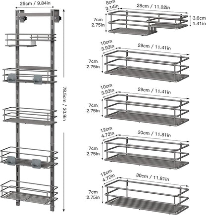 Orimade Over The Door Shower Caddy Adjustable 5 Tier Dark Grey,Bathroom Hanging Organizer Shelf Rustproof with 4 Hooks,Shower Basket with Soap Holder and Suction Cup