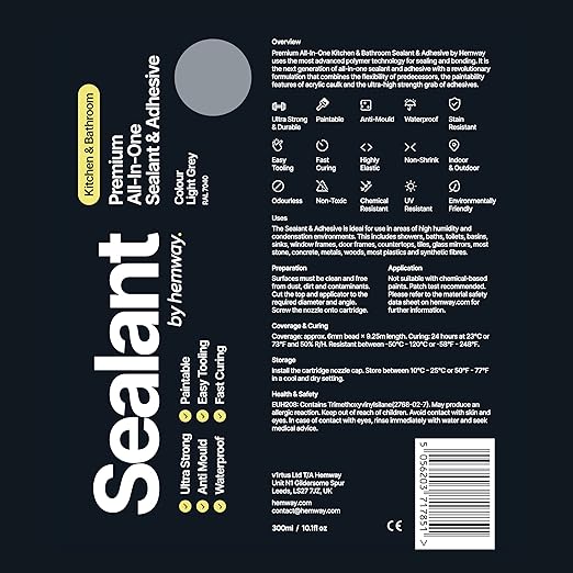 Light Gray Kitchen & Bathroom Sealant & Adhesive Hybrid Polymer | Superior to Silicone Caulk Sealant | Waterproof, Odorless, Paintable | Ideal for Around Bathtub, Shower, Kitchen - 300ml 3 Pack