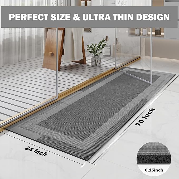 Extra Long Non Slip Bathroom Runner Bath Mat, Rubber Backing Ultra Thin Bath Rug Fit Under Door Quick Dry Super Absorbent Washable Shower Mat for Bathroom Floor Bathtub Sink, Dark Grey 24"x70"
