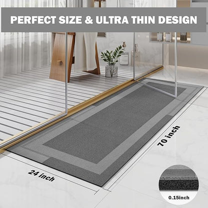 Extra Long Non Slip Bathroom Runner Bath Mat, Rubber Backing Ultra Thin Bath Rug Fit Under Door Quick Dry Super Absorbent Washable Shower Mat for Bathroom Floor Bathtub Sink, Dark Grey 24"x70"