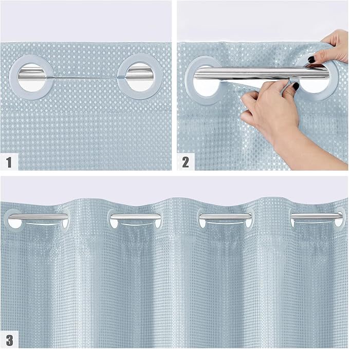 MitoVilla Blue Waffle Small Stall Shower Curtain Liner Set 36 x 74, No Hooks Required Half Size Narrow Fabric Cloth Shower Curtain Set with Snap-in Liner for Modern Bathroom Decor, Fog Blue