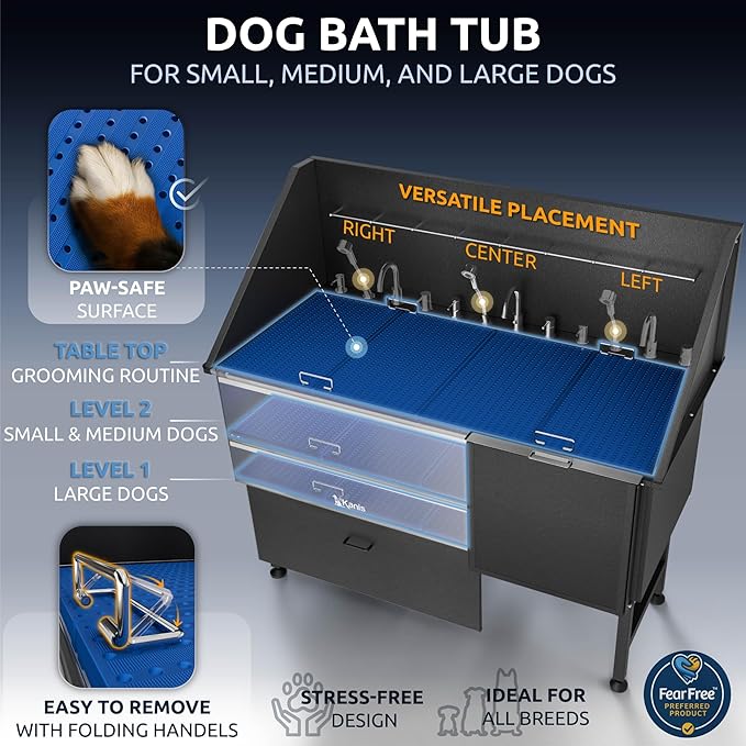 KANIS Black Line Professional Dog Washing Station - 304 Stainless Steel Pet Wash Sink & Grooming Bathtub w/Shower, Floor Grates and Storage for Large, Medium & Small Pets (61", 1 Drawers - Right Ramp)