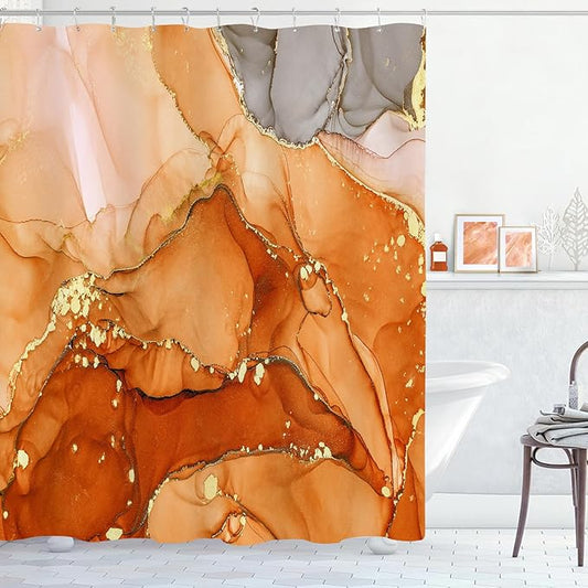 Long Shower Curtain 72 x 78 Inch, Tall Abstract Marble Shower Curtains for Bathroom Decor, Modern Luxury Art Decor Ink Texture Fabric Shower Curtain Set with Hooks, Orange