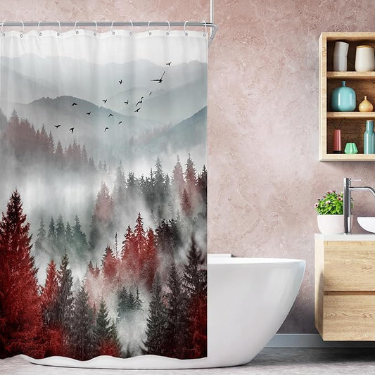 Riyidecor Stall Half Small Rv Shower Curtain 36Wx72H Inch Red Black Mountain Single Stand Up Camp Narrow Scenery Nature View Woodland Pine Tree Bathroom Decor Fabric Polyester Waterproof 7 Pack Hooks