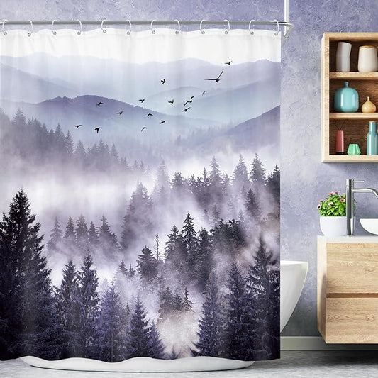 Riyidecor Purple Mountain Shower Curtain 72Wx72H Inch Nature Scenery Landscape Rustic Pine Tree Misty Foggy Mountain View for Mens Natural Bathroom Decor Fabric Polyester Waterproof 12 Pack Hooks