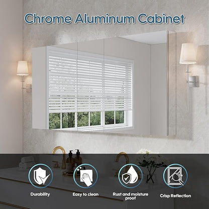 WELLFOR 60" x 30" Rectangle Medicine Cabinet Mirror, Surface Mount or Recessed Medicine Cabinet with Tempered Mirror, Anodized Chrome Aluminum Frame, Bathroom Mirror with Storage